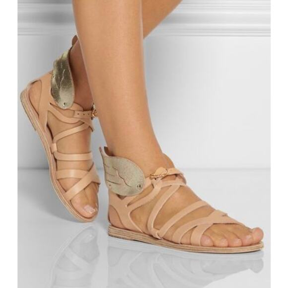 Ancient Greek Nephele Wing Leather Flats Sandals Gold Tan Platinum 41 Size 11 - Picture 1 of 12